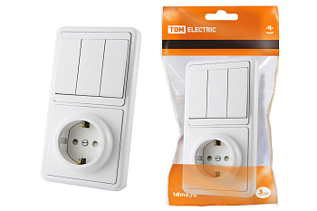 Блок комбинированный БКВР 3-х кл. выкл + розетка 2П+З с з/ш TDM 