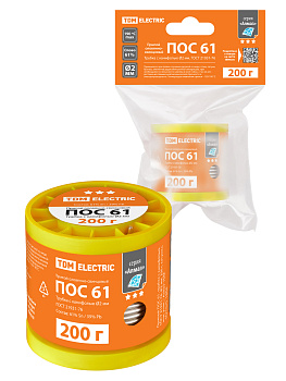 Припой ПОС 61, трубка с канифолью, ГОСТ 21931-76, Ø2 мм, 200 г, катушка, инд. упак., "Алмаз" TDM