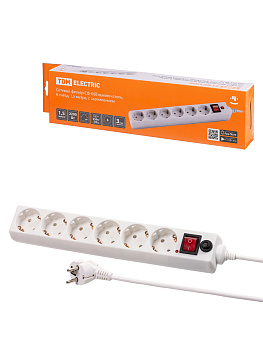 Сетевой фильтр СФ-06В выключатель, 6 гнезд, 5 метров, с/з, ПВС 3х0,75мм2 10А/250В белый TDM