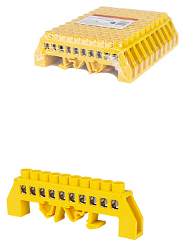 Шина "PE" "земля" в желтом изоляторе на DIN-рейку 8x12мм 10 групп TDM 