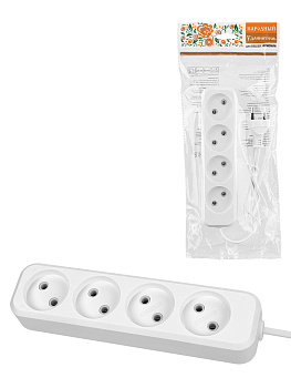 Удлинитель 4 гнезда, 10 метров, б/з, 10 А, 2400 Вт, белый, НАРОДНЫЙ