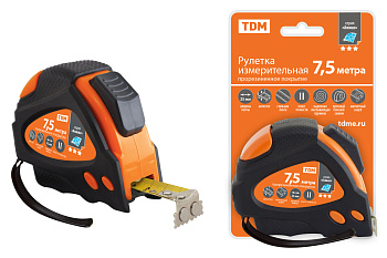 Рулетка 7,5 м х 25 мм, тройная фиксация, автостоп, обрезиненный корпус, магнит, "Алмаз" TDM 