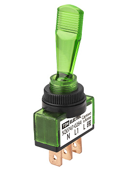 Выключатель-тумблер ASW-13D 1P 12В AC/DC 20А (3c) ON-OFF с фиксацией с зеленой LED подсветкой TDM
