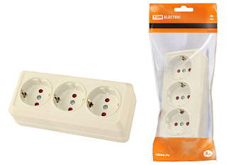 Розетка 3-х местная горизонтальная 2П+3 открытой установки IP20 16A с з/ш сл. кость "Ладога" TDМ