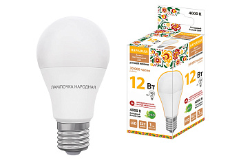 Лампа светодиодная НЛ-LED-A60-12 Вт-230 В-4000 К-Е27, (60х108 мм), Народная