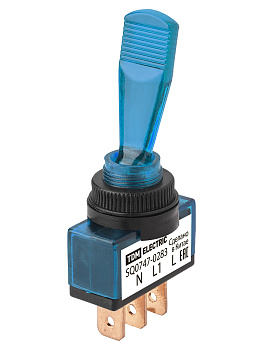 Выключатель-тумблер ASW-13D 1P 12В AC/DC 20А (3c) ON-OFF с фиксацией с синей LED подсветкой TDM