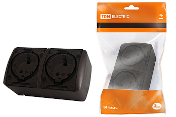 Розетка двойная 2П+3 открытой установки IP54 16А с прозрачной крышкой шоколад "Селигер" TDM 